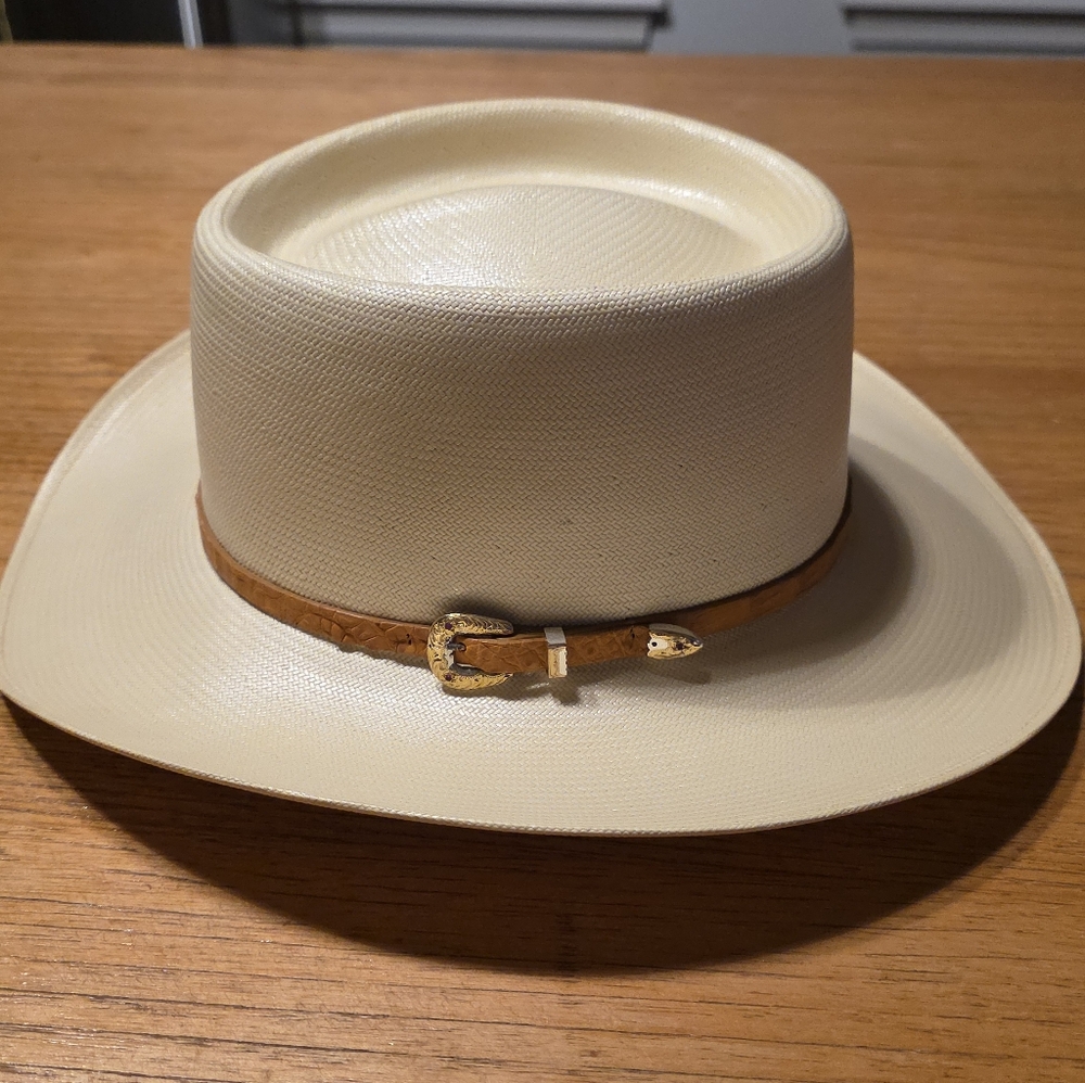 Milano Cream Cowboy Hat With Brown Belt And Gold Accents